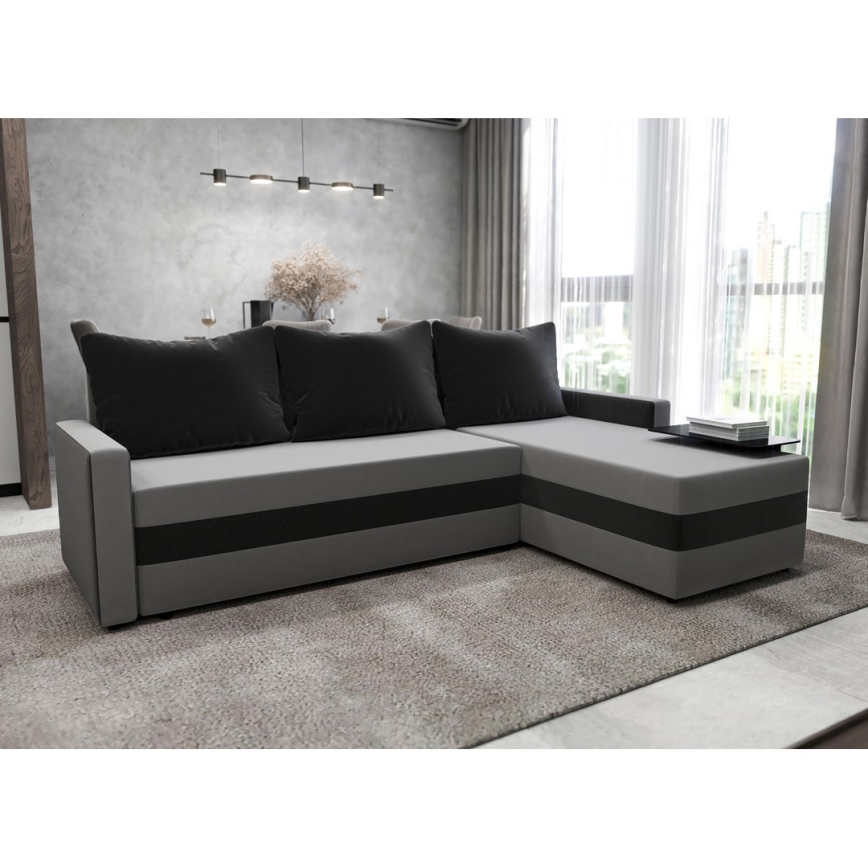 Čalúnená univerzálna rozkladacia rohová sedacia súprava do tvaru L BRISTOL sivá/čierna