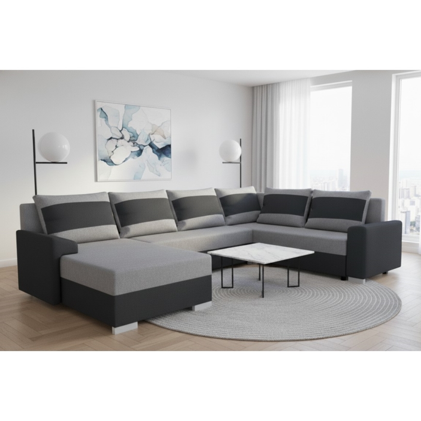 Čalúnená univerzálna rozkladacia sedacia súprava v tvare U OXFORD, čierna/šedá