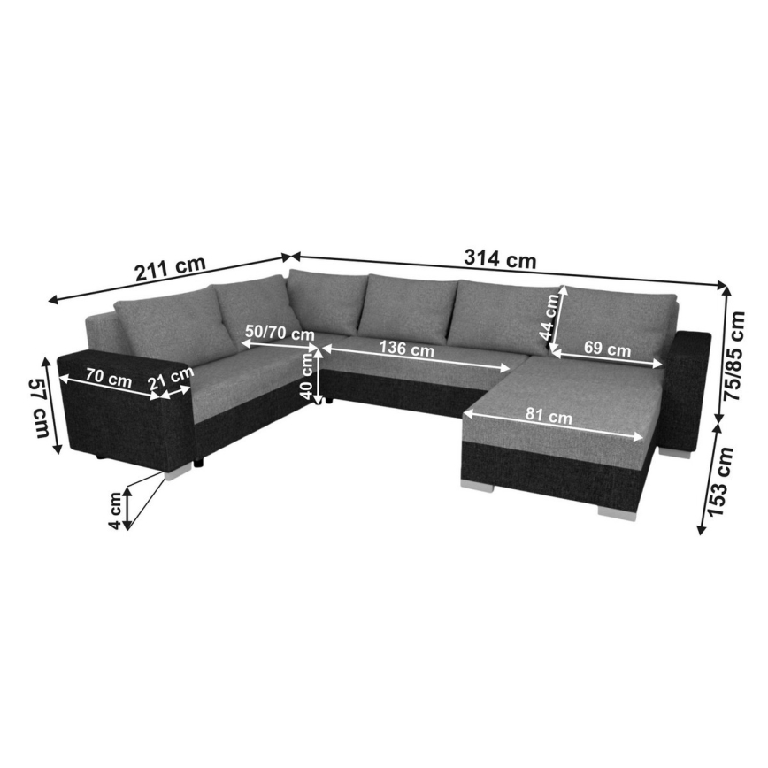 Čalúnená univerzálna rozkladacia sedacia súprava v tvare U YORK čierna/antracit