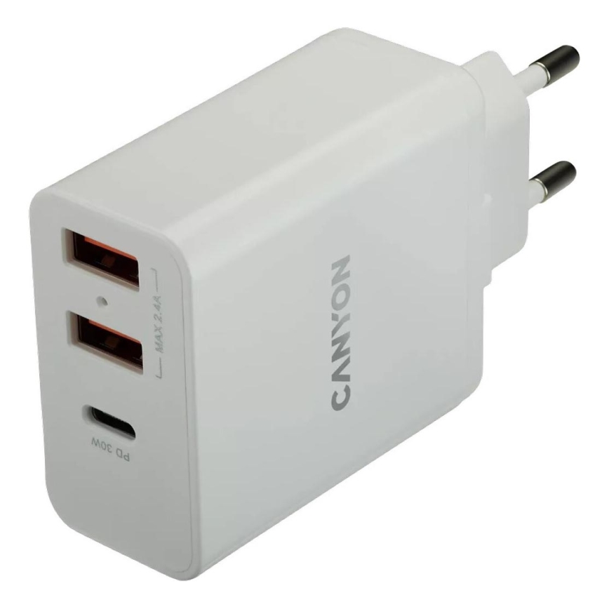 Canyon - Rychlonabíjací adaptér Power Delivery 1xUSB-C 42W 2xUSB-A biela
