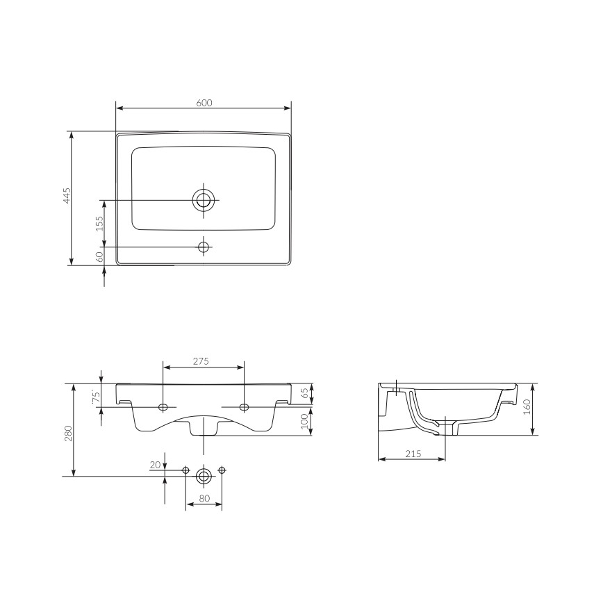 Cersanit K114-006 - Zapustené umývadlo CREA 44,5x60 cm keramika/lesklá biela