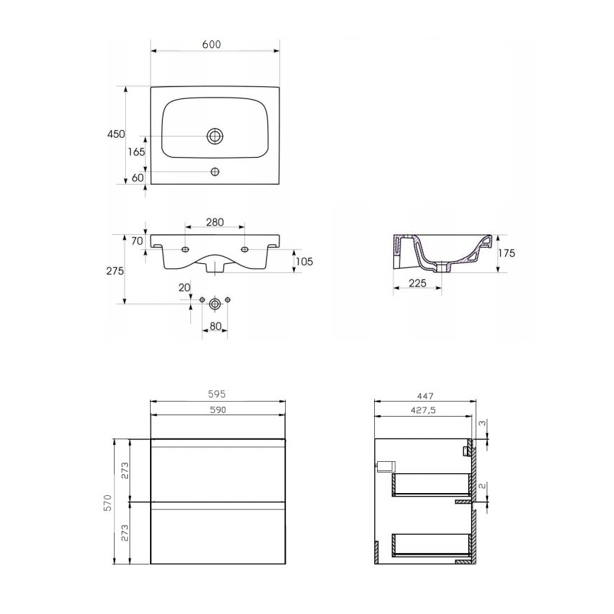 Cersanit S801-223-DSM - Závesná kúpeľňová skrinka s umývadlom MODUO 60x45 cm lesklá biela