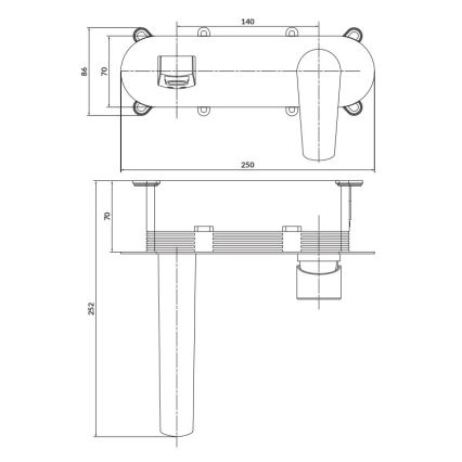 Technický výkres zobrazuje stĺpikovú konštrukciu s hornou a bočnou časťou, rozmery sú uvedené v milimetroch: 140, 86, 70, 250, 252. Konštrukcia je zrejme určená na montáž na stenu alebo podlahu.