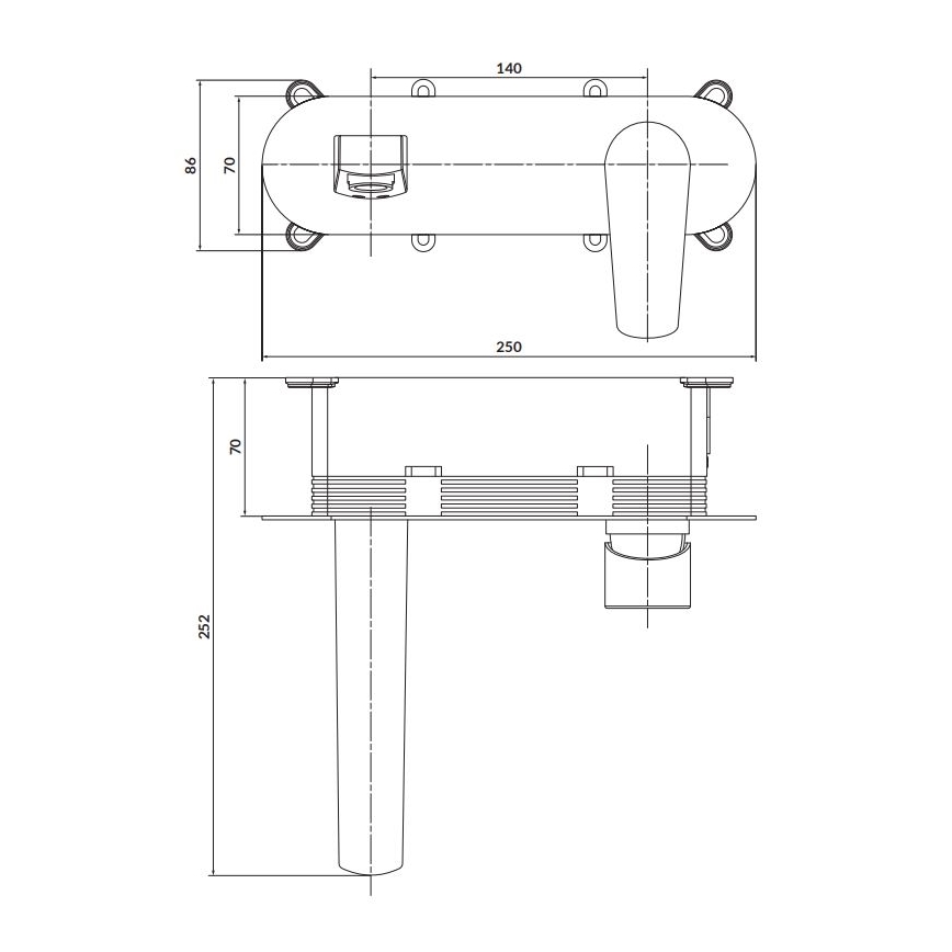 Technický výkres zobrazuje stĺpikovú konštrukciu s hornou a bočnou časťou, rozmery sú uvedené v milimetroch: 140, 86, 70, 250, 252. Konštrukcia je zrejme určená na montáž na stenu alebo podlahu.