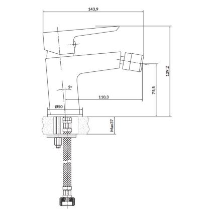 Kúpeľňová batéria je zobrazená v technickom výkrese s rozmermi: 143,9 x 129,2 x 75,5 mm. Batéria má pákovú rukoväť a pripojenie na flexibilné hadičky. Maximálna montážna hĺbka je 37 mm. Priemer pripojenia je 50 mm.