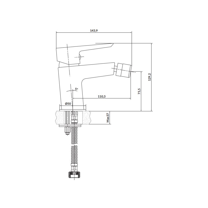 Kuchynská batéria je zobrazená v technickom výkrese s rozmermi: 143,9 x 129,2 x 75,5 mm. Výška výtoku je 110,3 mm, priemer základne je 50 mm. Maximálna montážna hĺbka je 37 mm.