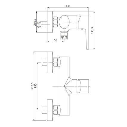 Technický výkres dvoch typov vodovodných batérií s rozmermi. Horný zobrazuje nástennú batériu s rozmermi 130 x 121,5 x 53 mm a pripojením G1/2. Dolný zobrazuje dvojventilový rozdeľovač s rozmermi 216,5 x 150 mm.