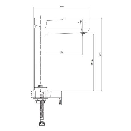 Kuchynská batéria je znázornená v čelnom pohľade s detailnými rozmermi: výška 270 mm, šírka 208 mm, výška výtoku 211,6 mm. Priemer pripojenia je 50 mm, maximálna výška pripojenia je 37 mm. Výtok je otočný o 10°.