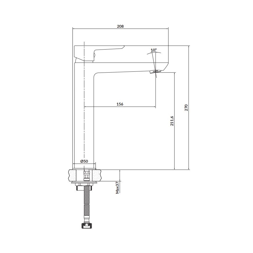 Kuchynská batéria je znázornená v čelnom pohľade s detailnými rozmermi: výška 270 mm, šírka 208 mm, výška výtoku 211,6 mm. Priemer pripojenia je 50 mm, maximálna výška pripojenia je 37 mm. Výtok je otočný o 10°.