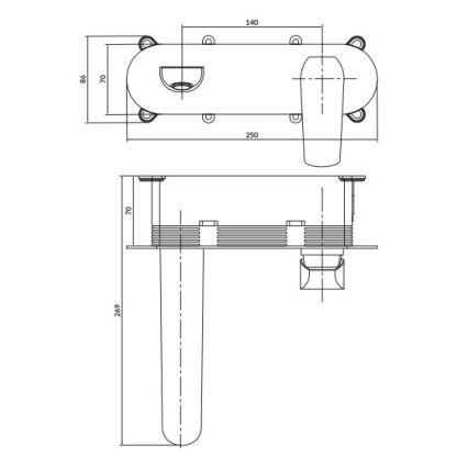 Dve technické kresby batérie: horná zobrazuje vrchný pohľad s rozmermi 250x140x85 mm, dolná bočný pohľad s výškou 269 mm a výškou výtoku 70 mm.