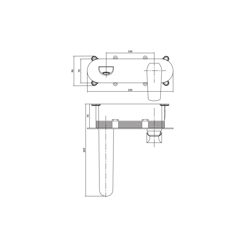 Dve technické kresby batérie: horná zobrazuje vrchný pohľad s rozmermi 250x140x85 mm, dolná bočný pohľad s výškou 269 mm a výškou výtoku 70 mm.