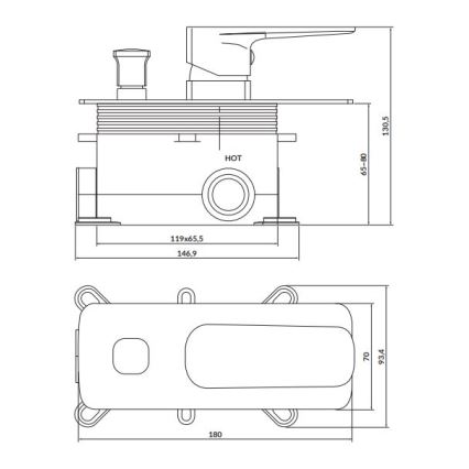 Technický výkres znázorňuje vodovodnú batériu s pákovou rukoväťou a rozmermi: 119x65,5; 146,9; 65-80; 130,5; 180; 70; 93,4. Súčasťou je aj pohľad zhora. Na výkrese je označenie HOT.