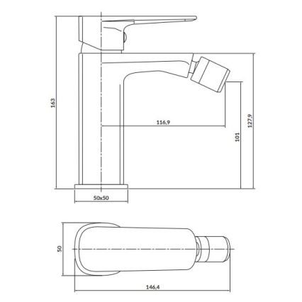 Kúpeľňová batéria s výtokom a pákovou rukoväťou je zobrazená v technickom výkrese s rozmermi: 163 x 127,9 x 50 mm (výška, dĺžka, šírka základne). Zobrazený je aj detail výtoku s rozmermi 146,4 x 50 mm.