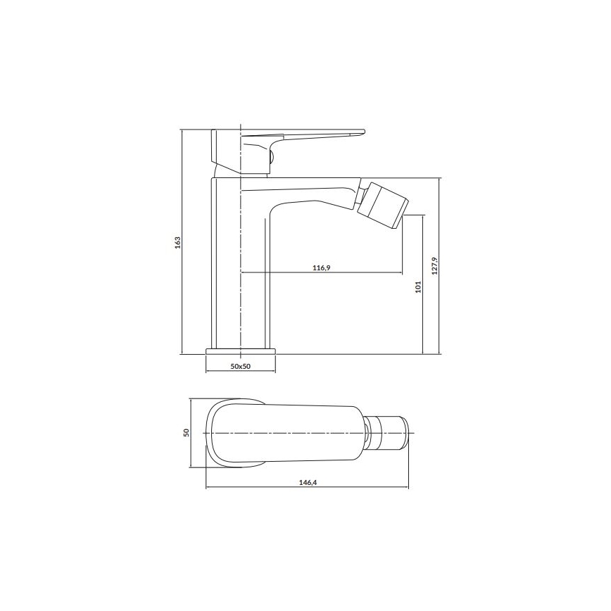 Kúpeľňová batéria s výtokom a pákovou rukoväťou je zobrazená v technickom výkrese s rozmermi: 163 x 127,9 x 50 mm (výška, dĺžka, šírka základne). Zobrazený je aj detail výtoku s rozmermi 146,4 x 50 mm.