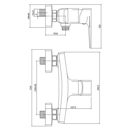 Dve technické výkresy batérií s rozmermi: horná – 55,8 x 122 mm, G1/2, 64/64; dolná – 127,3 x 199,5 mm, 150/18 x 214 mm.