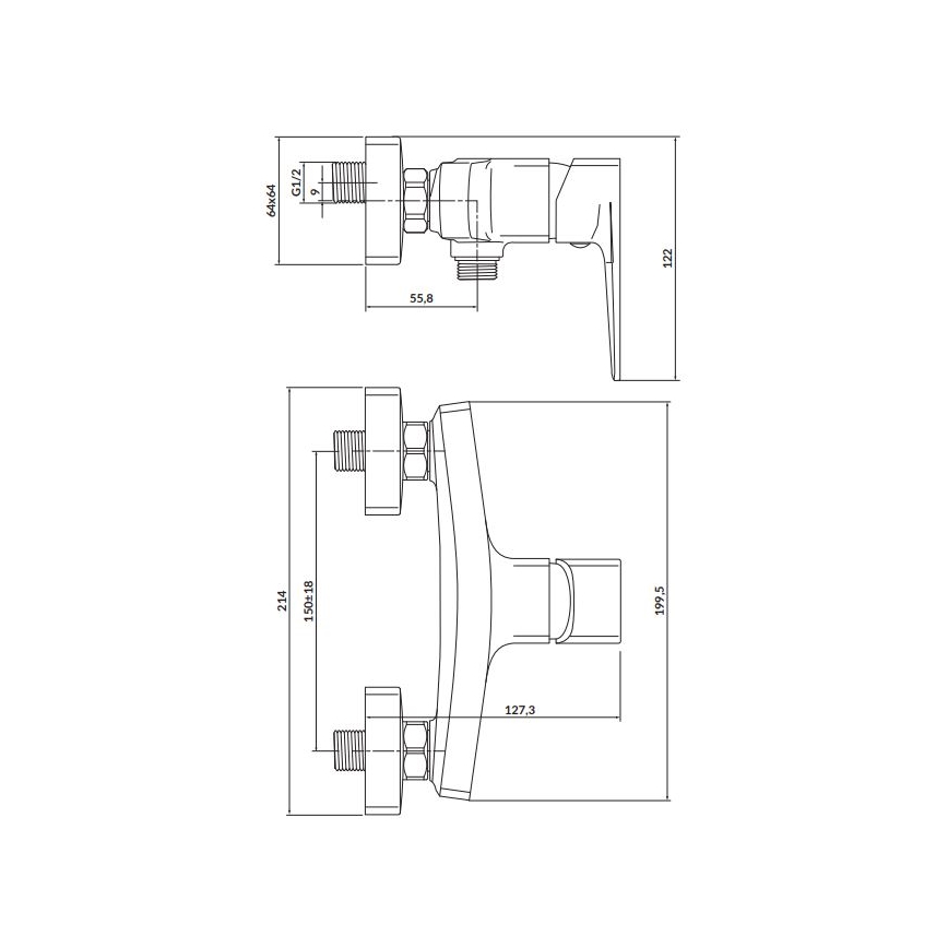Dve technické výkresy batérií s rozmermi: horná – 55,8 x 122 mm, G1/2, 64/64; dolná – 127,3 x 199,5 mm, 150/18 x 214 mm.