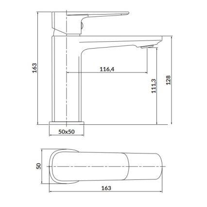Kúpeľňová batéria je zobrazená v čelnom a bočnom pohľade s rozmermi: výška 163 mm, šírka 50x50 mm, výška výtoku 128 mm, dĺžka výtoku 116,4 mm. Bočný pohľad zobrazuje páku s rozmermi 163x50 mm.