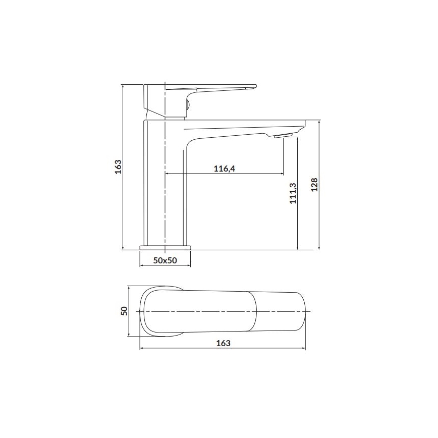 Kúpeľňová batéria je zobrazená v čelnom a bočnom pohľade s rozmermi: výška 163 mm, šírka 50x50 mm, výška výtoku 128 mm, dĺžka výtoku 116,4 mm. Bočný pohľad zobrazuje páku s rozmermi 163x50 mm.