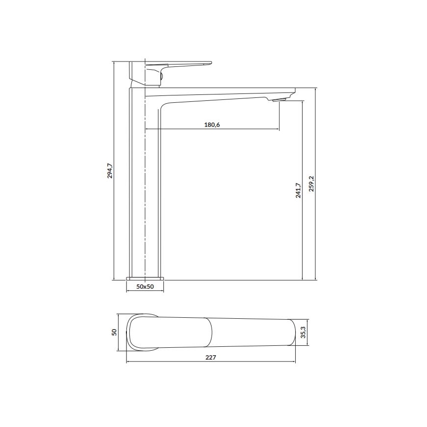 Kuchynská batéria s vysokou výpustnou trubicou je znázornená s detailnými rozmermi: výška 294,7 mm, šírka základne 50x50 mm, výška výpustu 180,6 mm a celková výška 259,2 mm. Rukoväť batérie je zobrazená samostatne s rozmermi 227 x 50 x 35,3 mm.