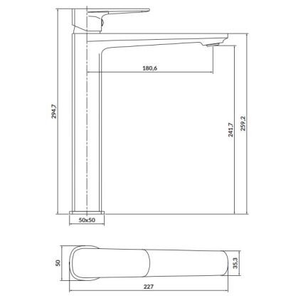 Technický výkres znázorňuje vysokú batériu s pákovou rukoväťou. Batéria je vysoká 294,7 mm, výtok 180,6 mm a základňa 50x50 mm. Rukoväť je dlhá 227 mm a široká 50 mm.