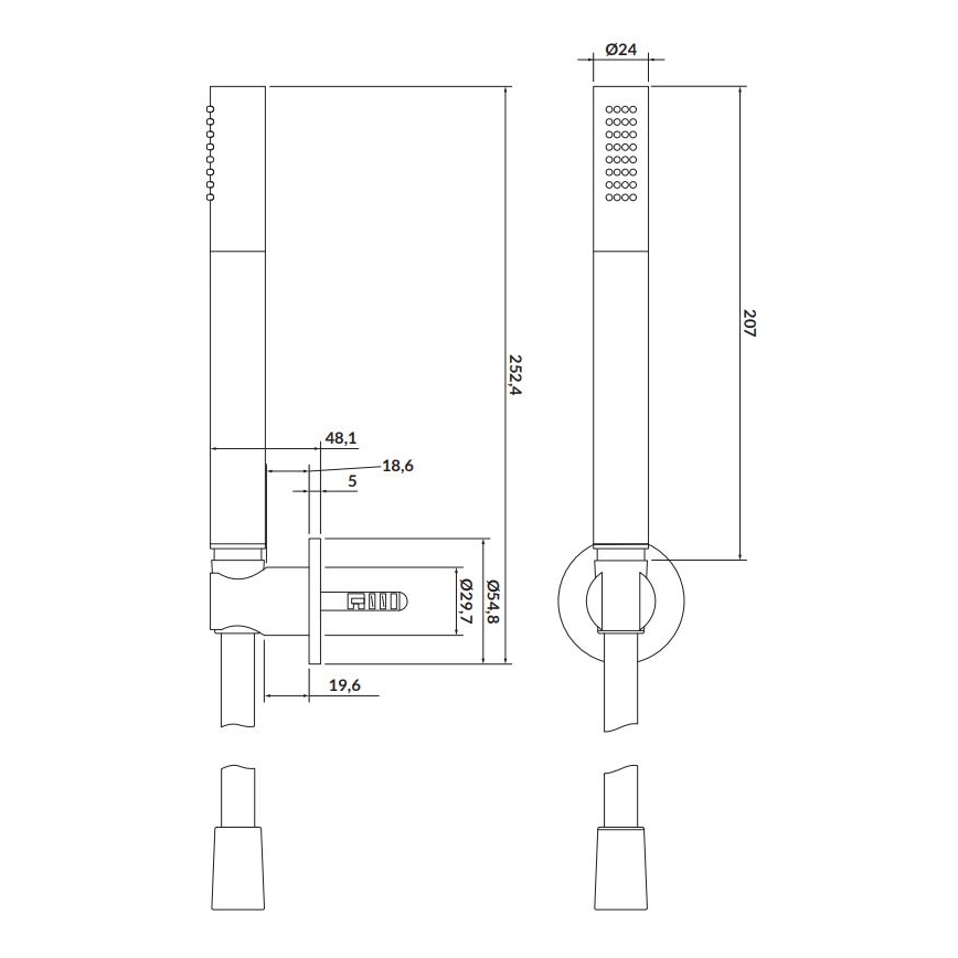 Sprchová hlavica s rozmermi 207 x 24 mm je pripevnená na stenu. Detailný technický nákres ukazuje rozmery jednotlivých častí: 252,4 mm, 48,1 mm, 18,6 mm, 5 mm, 19,6 mm, 54,8 mm, 29,7 mm.