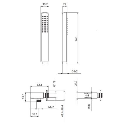 Technický výkres sprchovej hlavice s rozmermi: 38,7 x 240 mm a pripojením G1/2. Súčasťou je nástenná armatúra s rozmermi 43,7 x 62,3 x 38,5 mm a pripojením G1/2.