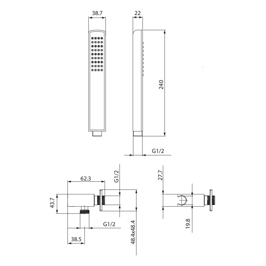 Technický výkres sprchovej hlavice s rozmermi: 38,7 x 240 mm a pripojením G1/2. Súčasťou je nástenná armatúra s rozmermi 43,7 x 62,3 x 38,5 mm a pripojením G1/2.