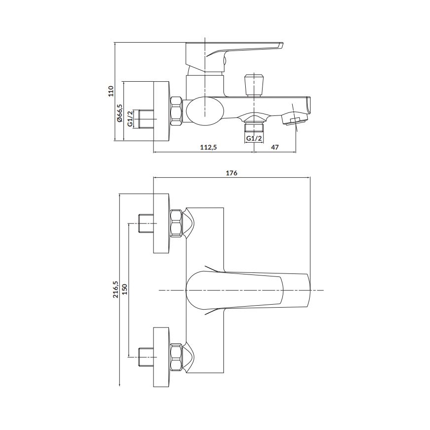 Dvojica technických výkresov znázorňuje nástennú batériu. Výkresy ukazujú rozmery batérie z pohľadu zboku a spredu s uvedením rozmerov v milimetroch a označením G1/2.