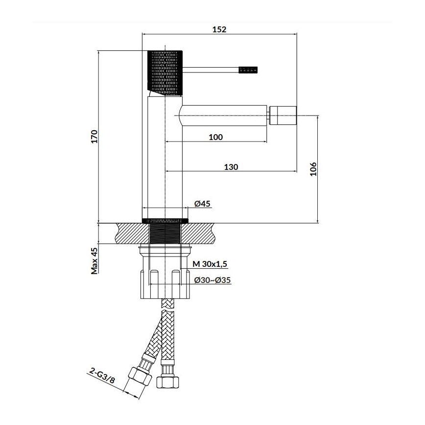 Kúpeľňová batéria s výtokom a pripojením na vodovodné potrubie. Rozmery: výška 170 mm, šírka 106 mm, priemer základne 45 mm. Závit pripojenia M 30x1,5, priemer prípojok 30-35 mm.