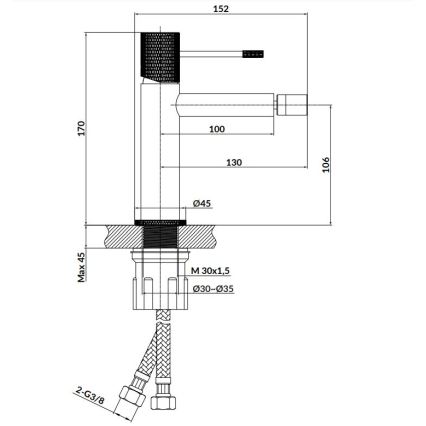 Kuchynská batéria s výtokom, pripojená k vodovodným prívodom. Rozmery: výška 170 mm, šírka 106 mm, priemer základne 45 mm. Závit M 30x1,5, priemer prívodov 30-35 mm. Prípojky 2-G3/8.