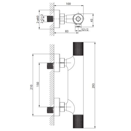 Dvojica kohútikových batérií sa montujú na stenu. Súčasťou je aj pripojovací kus s rozmermi 100 x 45 mm a závitmi 2-G1/2 a G1/2. Celková výška batérií je 293 mm, vzdialenosť medzi stredmi batérií je 210 mm.