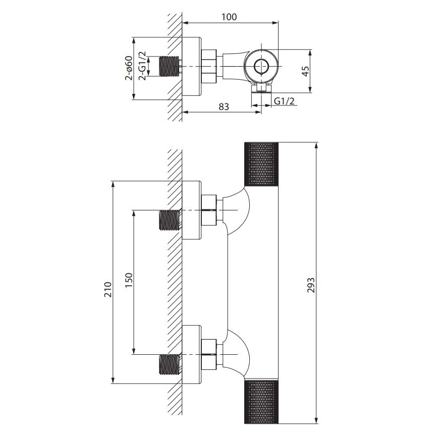 Dvojica kohútikových batérií sa montujú na stenu. Súčasťou je aj pripojovací kus s rozmermi 100 x 45 mm a závitmi 2-G1/2 a G1/2. Celková výška batérií je 293 mm, vzdialenosť medzi stredmi batérií je 210 mm.