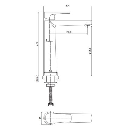 Jednopáková batéria je zobrazená v čelnom pohľade s rozmermi: výška 272 mm, výška výtoku 212,8 mm, šírka 204 mm, priemer základne 58 mm, výška páky 53 mm. Maximálna hrúbka montáže je 37 mm.