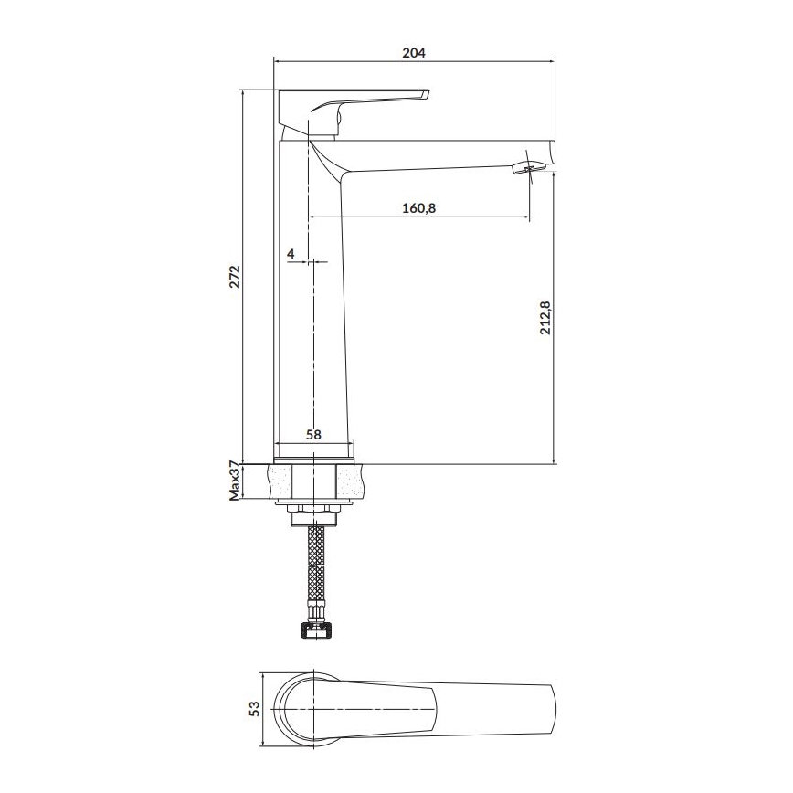 Jednopáková batéria je zobrazená v čelnom pohľade s rozmermi: výška 272 mm, výška výtoku 212,8 mm, šírka 204 mm, priemer základne 58 mm, výška páky 53 mm. Maximálna hrúbka montáže je 37 mm.
