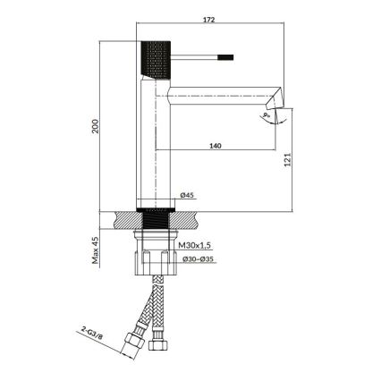 Kuchynská batéria je znázornená v technickom výkrese s rozmermi: výška 200 mm, výška výtoku 121 mm, šírka 140 mm, celková výška 172 mm. Priemer základne je 45 mm, pripojenie hadíc 2-G3/8, závit M30x1,5, priemer otvoru 30-35 mm.