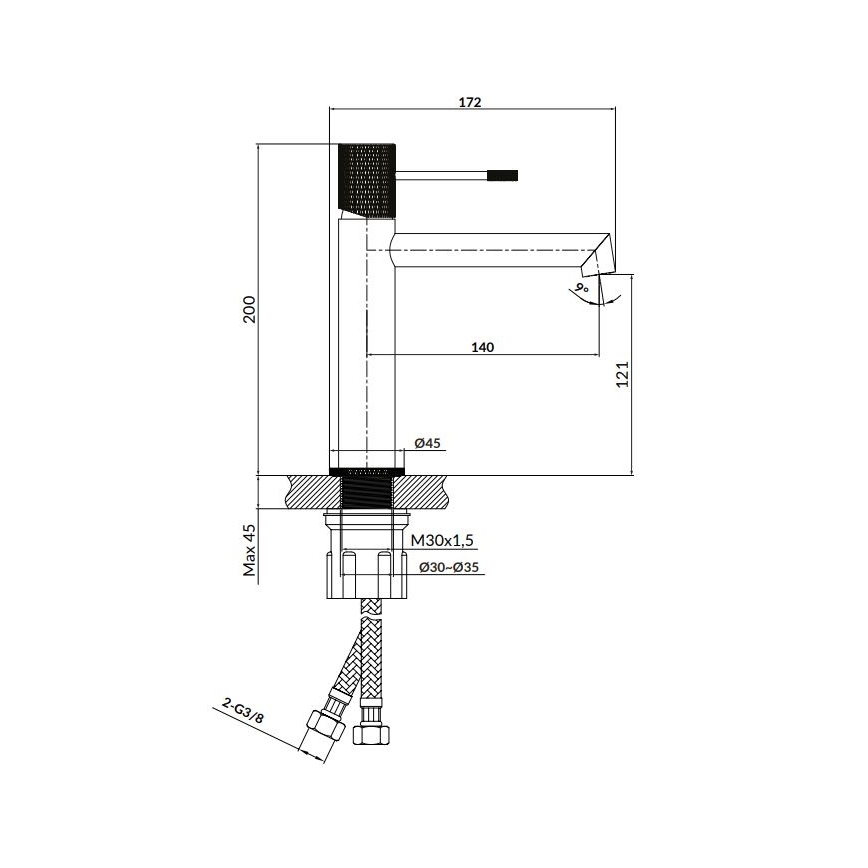 Kuchynská batéria je znázornená v technickom výkrese s rozmermi: výška 200 mm, výška výtoku 121 mm, šírka 140 mm, celková výška 172 mm. Priemer základne je 45 mm, pripojenie hadíc 2-G3/8, závit M30x1,5, priemer otvoru 30-35 mm.