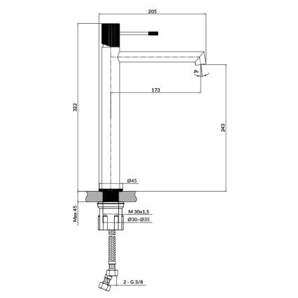 Kuchynská batéria s výtokom je zobrazená v technickej kresbe s rozmermi: výška 322 mm, šírka výtoku 243 mm, výška výtoku 173 mm a priemer základne 45 mm. Uvedené sú aj rozmery pripojenia: M 30x1,5, Ø30-Ø35 a 2-G 3/8.