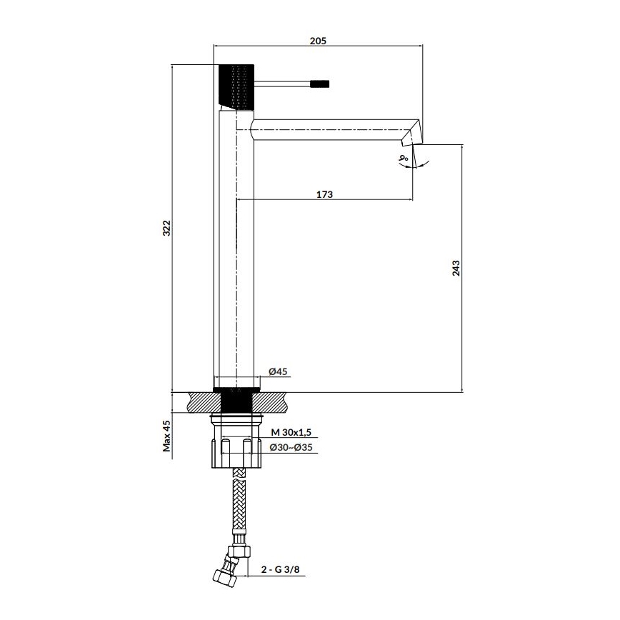 Kuchynská batéria s výtokom je zobrazená v technickej kresbe s rozmermi: výška 322 mm, šírka výtoku 243 mm, výška výtoku 173 mm a priemer základne 45 mm. Uvedené sú aj rozmery pripojenia: M 30x1,5, Ø30-Ø35 a 2-G 3/8.
