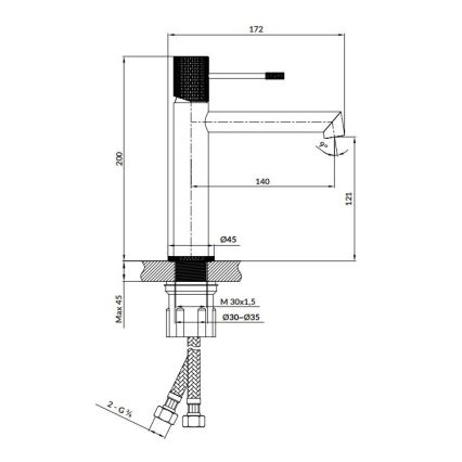 Kuchynská batéria, ktorá dodáva vodu, je znázornená technickým výkresom s rozmermi: výška 200 mm, výška výtoku 121 mm, šírka 45 mm, priemer pripojenia 30x1,5 a priemer prípojok 30-35 mm.
