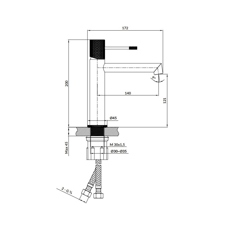 Kuchynská batéria, ktorá dodáva vodu, je znázornená technickým výkresom s rozmermi: výška 200 mm, výška výtoku 121 mm, šírka 45 mm, priemer pripojenia 30x1,5 a priemer prípojok 30-35 mm.