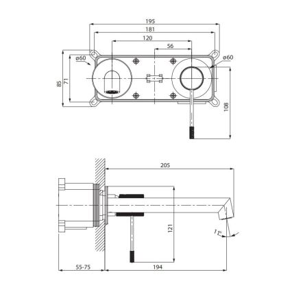 Technický výkres znázorňuje rozmery nástenného vodovodného kohútika. Horný výkres ukazuje zabudovanú časť s rozmermi 195x108 mm a dvomi otvormi ø60 mm. Dolný výkres detailne zobrazuje samotný kohútik s výtokovou rúrkou o dĺžke 205 mm a uhlovým výtokom 11°.