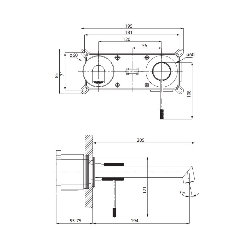 Technický výkres znázorňuje rozmery nástenného vodovodného kohútika. Horný výkres ukazuje zabudovanú časť s rozmermi 195x108 mm a dvomi otvormi ø60 mm. Dolný výkres detailne zobrazuje samotný kohútik s výtokovou rúrkou o dĺžke 205 mm a uhlovým výtokom 11°.