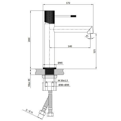 Kuchynská batéria s výtokom v tvare L, pripojená na potrubie, je znázornená s rozmermi: výška 200 mm, výška výtoku 121 mm, šírka základne 45 mm, priemer pripojenia 30-35 mm, závit M 30x1,5.