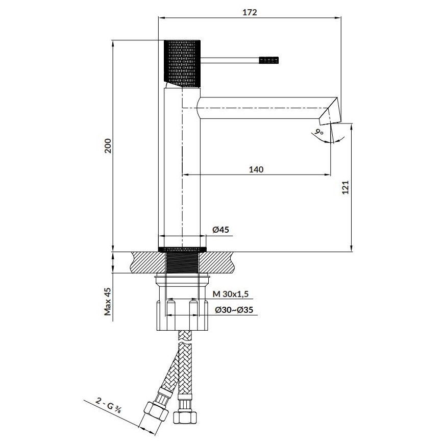 Kuchynská batéria s výtokom v tvare L, pripojená na potrubie, je znázornená s rozmermi: výška 200 mm, výška výtoku 121 mm, šírka základne 45 mm, priemer pripojenia 30-35 mm, závit M 30x1,5.
