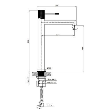 Kuchynská batéria je zobrazená v technickom výkrese s rozmermi. Výkres ukazuje jej výšku, šírku a priemer pripojenia. Súčasťou výkresu sú rozmery: M 30x1,5, Ø30-Ø35, 2 G ½.