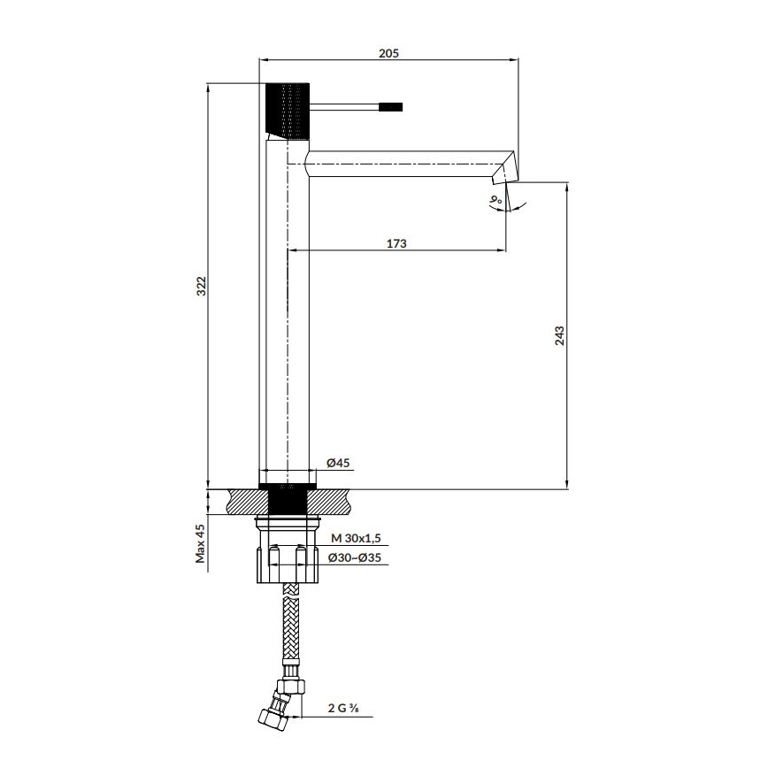 Kuchynská batéria je zobrazená v technickom výkrese s rozmermi. Výkres ukazuje jej výšku, šírku a priemer pripojenia. Súčasťou výkresu sú rozmery: M 30x1,5, Ø30-Ø35, 2 G ½.