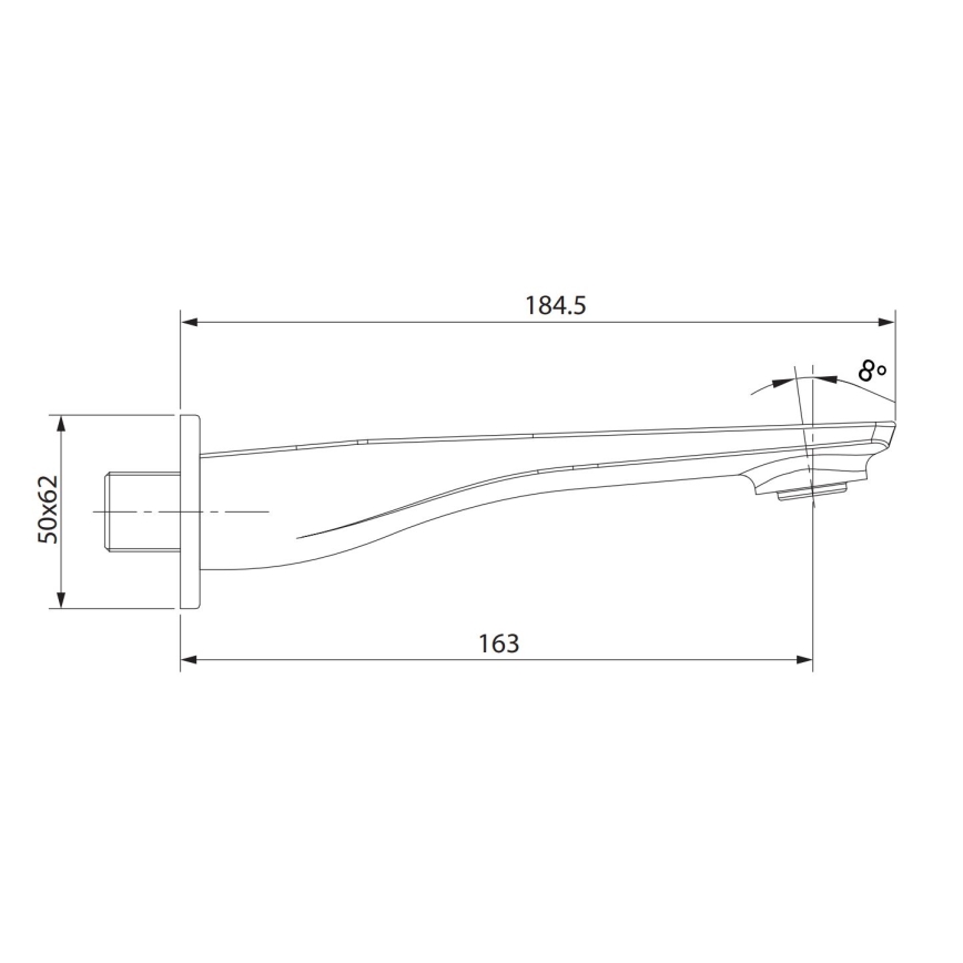 Kúpeľňová batéria s výtokom v tvare oblúka, je znázornená v bočnom pohľade s rozmermi: 184,5 mm, 163 mm, 50x62 mm a sklonom 8°.