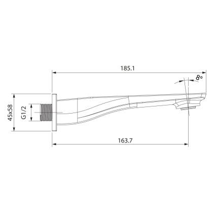 Technický výkres znázorňuje tvarovku s rozmermi 185,1 x 45 x 58 mm a priemerom závitu G1/2. Tvarovka má zakrivený tvar s výtokom pod uhlom 8°.