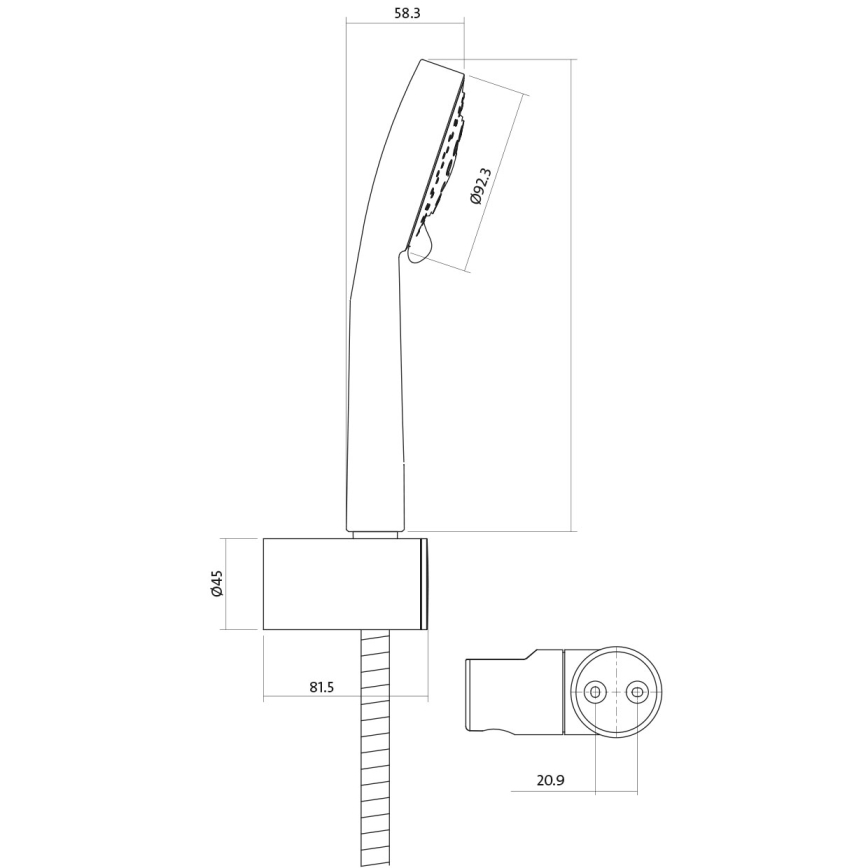 Sprchová hlavice s rozmermi 58,3 x 92,3 mm je pripojená k stene prostredníctvom 81,5 mm dlhej rúrky s priemerom 45 mm. Súčasťou je aj 20,9 mm široký nástenný adaptér.