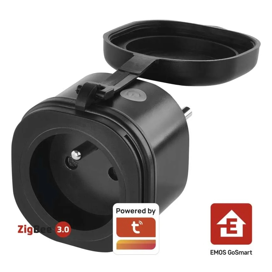 Čierny adaptér s krytom sa zapojuje do elektrickej zásuvky. Na adaptéri je označenie „ZigBee 3.0“, „Powered by“ a logo Tuya Smart, tiež logo EMOS GoSmart.
